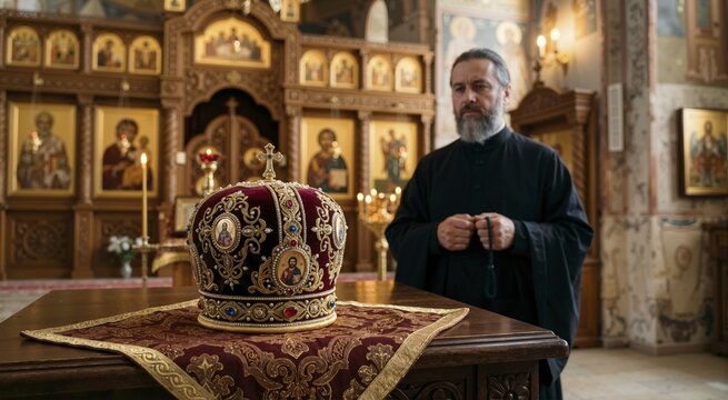 Ornate Orthodox priest mitre hat displayed in a church. Christening ceremony and religious tradition