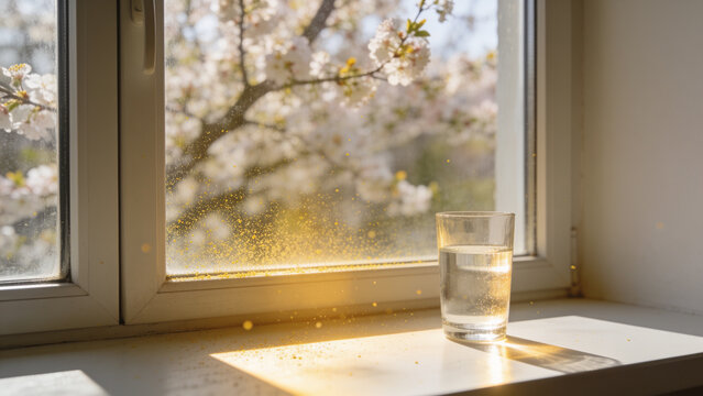 Yellow Pollen Dust on a Closed Window With Blooming Tree Outside, Hay Fever and Allergy Season Concept