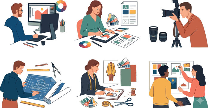 Creative professionals workspace set with graphic designer illustrator photographer architect fashion designer and creative team vector illustration for career concept.