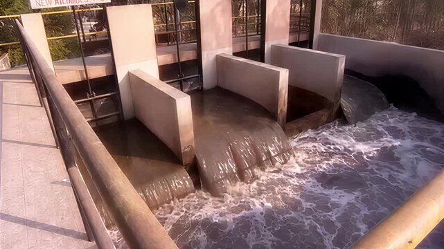 Stepped outdoor water feature sends flowing water over concrete ledges into a basin