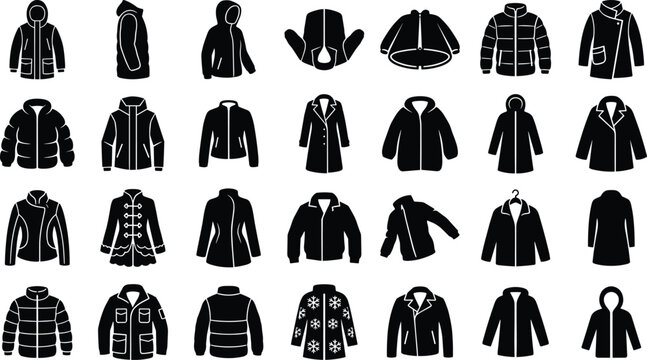 Black and white jacket silhouette icon set showcases diverse outerwear for fashion, apparel, and wardrobe design