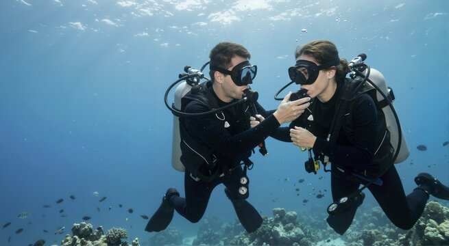 Scuba divers practicing buddy breathing underwater. Underwater diving equipment and exploration