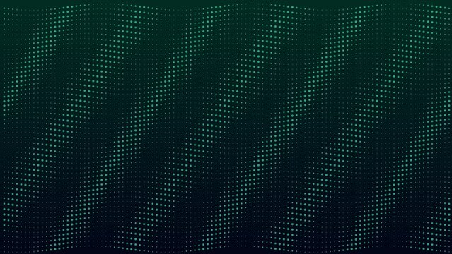 A dark background, featuring a diagonal, halftone pattern of, teal dots that, vary in size, to create a, rhythmic, wavy gradient, effect across the surface
