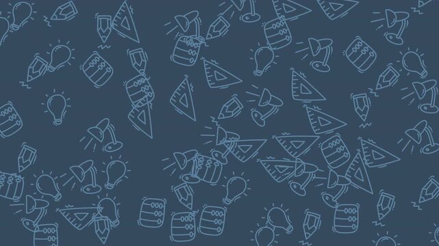 Animated School Supplies Doodle Pattern with Blue Outline Educational Icons on Dark Blue Background