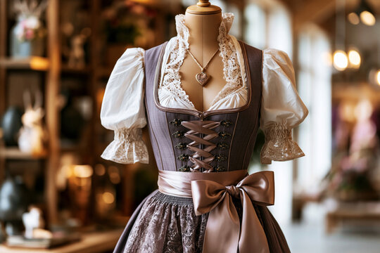 Dusty pink dirndl dress on mannequin with corset lacing and satin bow, boutique interior