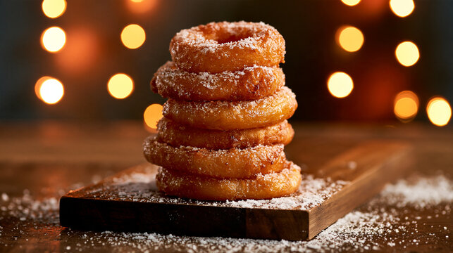 A stack of sweet fried pastries dusted with sugar powder on a wooden board against bokeh lights. Ideal for bakery menus and dessert advertisements.