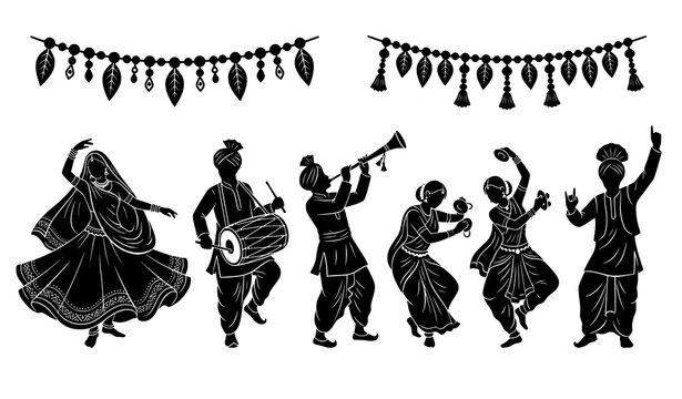 Traditional Indian Folk Dancers Silhouette with Decorative Hanging Toran Garland for Cultural Festival, Wedding Celebration and Ethnic Event Design
