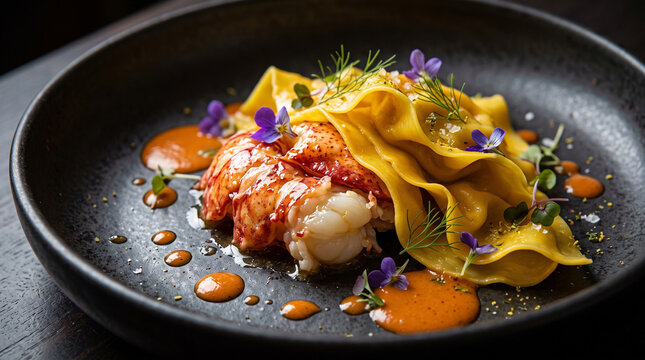 Deconstructed lobster ravioli with poached tail, saffron pasta, rich bisque drops, and edible purple flowers in a dark bowl. Luxury seafood dining.
