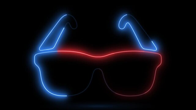 Neon blue glasses glowing with light animation on dark background