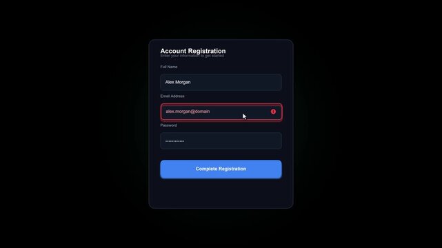 Account registration form with user input fields on a dark background