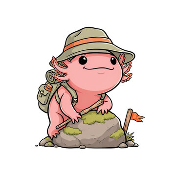 Cute axolotl hiker character climbing a mountain with a backpack and a walking stick in cartoon style illustration