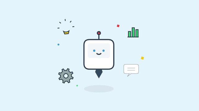 Creative robot bot icon with idea and data symbols.