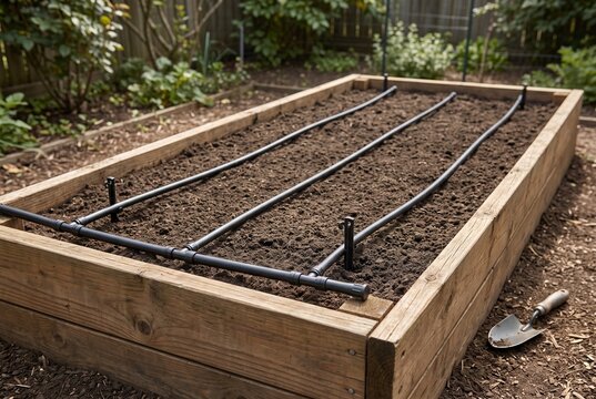 Drip irrigation lines installed in raised garden bed before planting