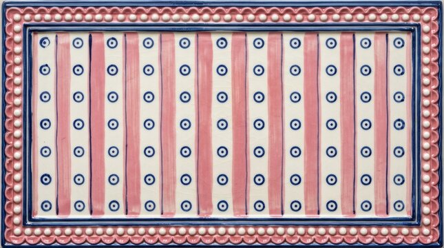 Decorative ceramic tray with pink stripes and blue circle patterns