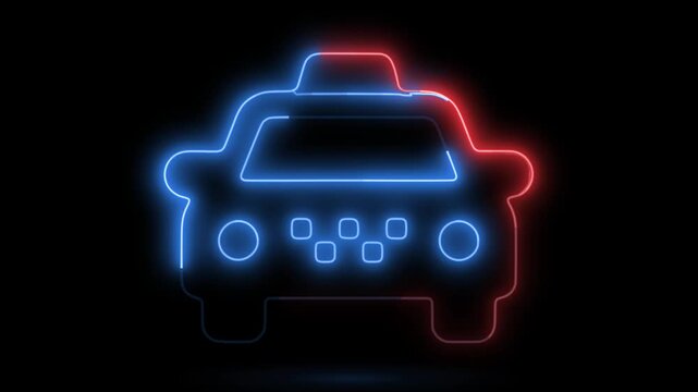 Neon blue taxi cab sign glowing animation on dark background footage