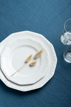 Petroleum Blue Linen Tablecloth Place Setting Top View