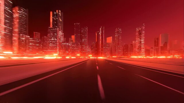 Futuristic city skyline with glowing light trails on a red background, dynamic speed and motion, modern urban technology, highway perspective, neon illumination, smart city infrastructure, digital tra
