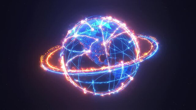 Futuristic Earth with glowing global digital network connections, blue and orange planet in deep space, worldwide communication, global connectivity, digital technology, internet infrastructure, with 