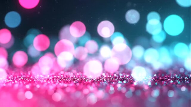 Glowing pink and cyan bokeh lights on a dark abstract background, vibrant festive sparkle texture, dreamy neon particles, colorful luminous blur, elegant celebration backdrop, digital light effects, a