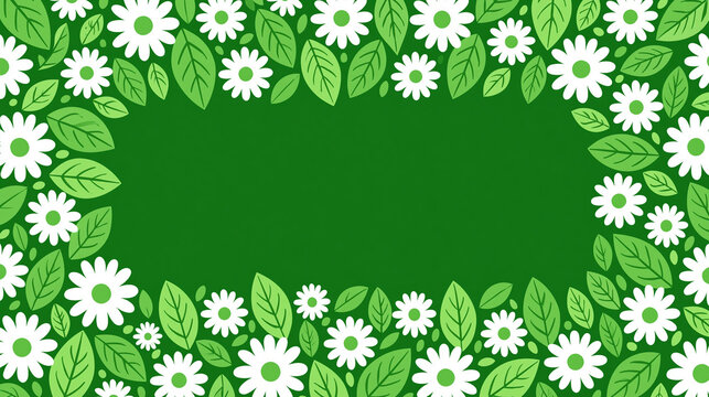 Vibrant floral border with white daisies and green leaves on a solid background.