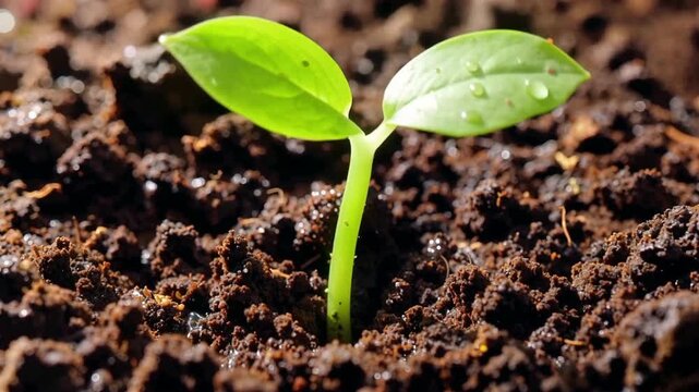 Seedling sprouting from soil and unfolding leaves in time-lapse