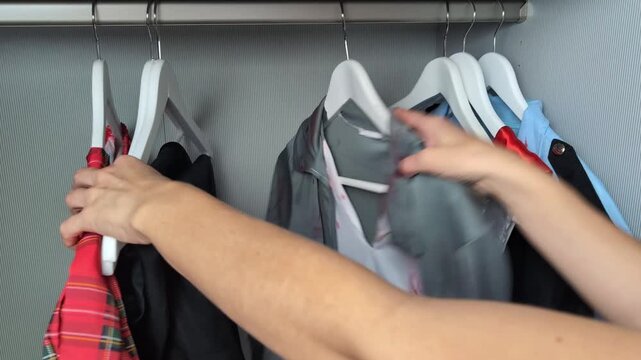 Woman choosing a Halloween costume from clothes hanging in a closet. 