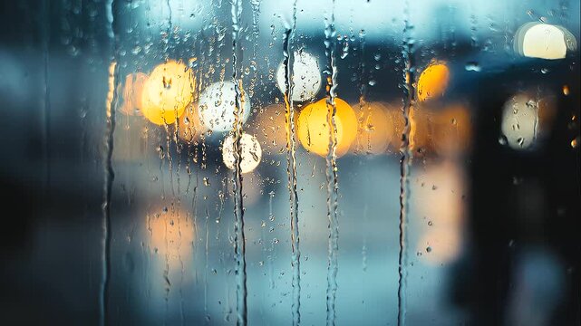 Rainy window with blurred silhouettes and warm lights behind glass, moody urban atmosphere, water droplets, soft bokeh, melancholic city scene, cozy indoor lighting, rainy weather, cinematic reflectio