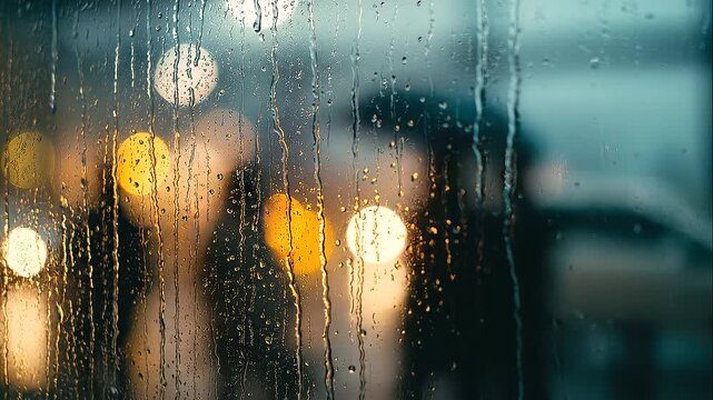 Rainy window with blurred silhouettes and warm lights behind glass, moody urban atmosphere, water droplets, soft bokeh, melancholic city scene, cozy indoor lighting, rainy weather, cinematic reflectio