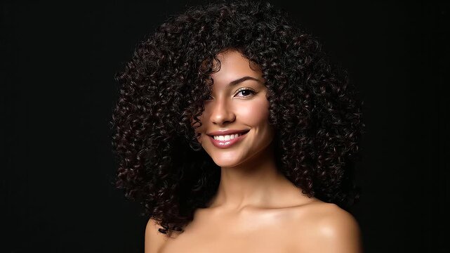 Studio portrait of a woman with full textured curly hair against a black background, haircare and beauty concept, defined curls, healthy volume, natural hair texture, curl care routine, beauty editori