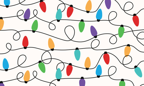A vector seamless pattern featuring colorful retro Christmas lights on a wavy black string isolated on a light cream background.