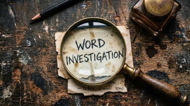 Magnifying glass over Word Investigation text on aged paper investigation research detail concept