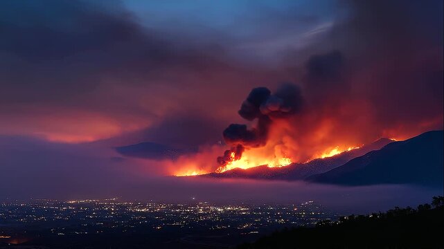 Wildfire spreading across a mountain ridge above an illuminated city at sunset, dramatic emergency landscape, rising smoke and flames, environmental crisis, forest fire, climate change impact, natural