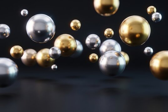 Luxury abstract composition with floating metallic gold and chrome balls