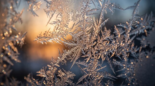 Intricate frost patterns on window glass illuminated by golden winter sunlight