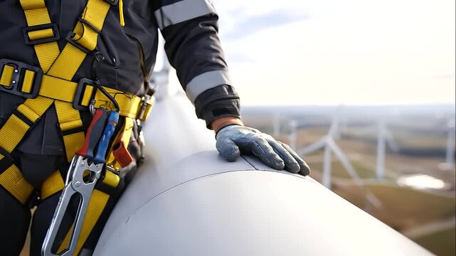 Wind turbine technician working on a nacelle with safety gloves and harness, renewable energy maintenance, wind farm inspection, clean energy infrastructure, industrial safety, turbine servicing, elec