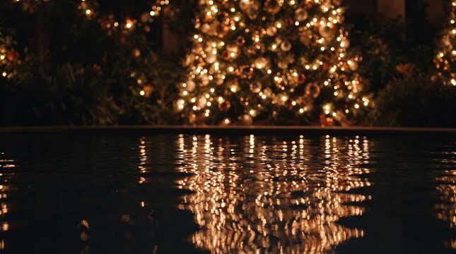 Sparkling Christmas Tree Lights Reflected on Still Dark Water Surface at Night