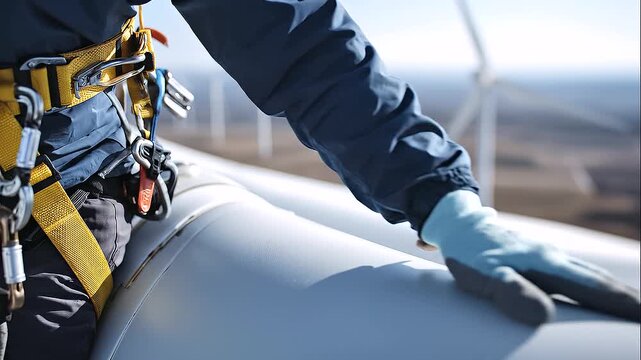 Wind turbine technician working on a nacelle with safety gloves and harness, renewable energy maintenance, wind farm inspection, clean energy infrastructure, industrial safety, turbine servicing, elec