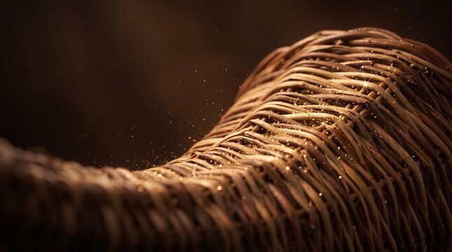 Close-up shot of an intricate woven wicker texture in warm morning light