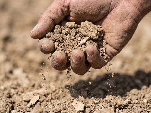 Close-up of human hand holding dry soil, agriculture concept