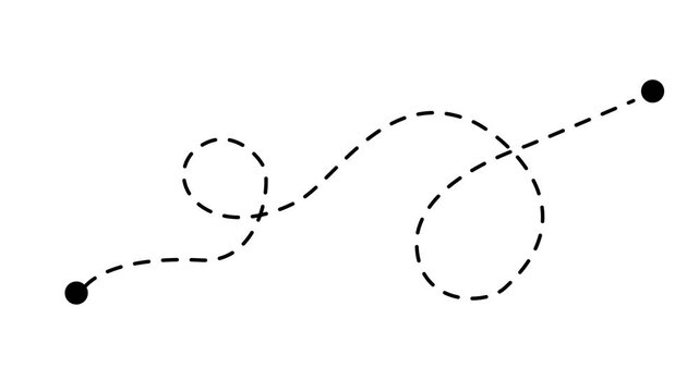 Black dashed loopy travel path animation, motion graphics of organic map route info