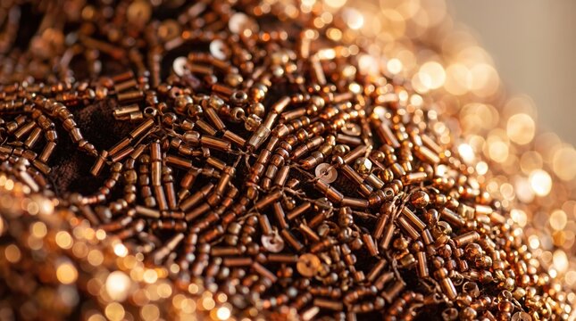 Macro shot of elegant bronze beaded embroidery texture with shimmering sequins