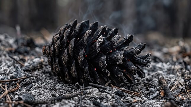 Resilience Amidst Ashes A Lone Scorched Pine Cone After a Forest Blaze