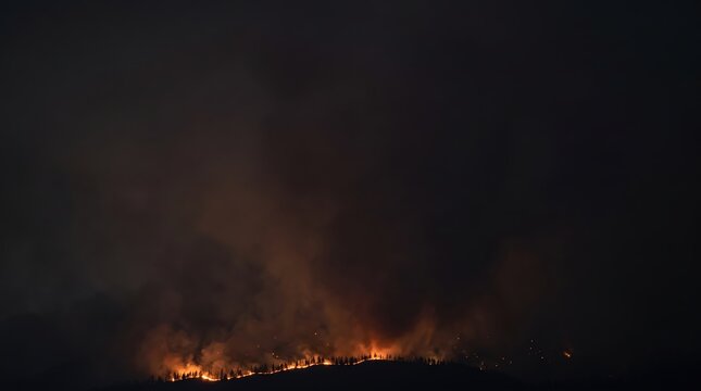 Intense wildfire burning a forested mountain ridge at night with thick smoke