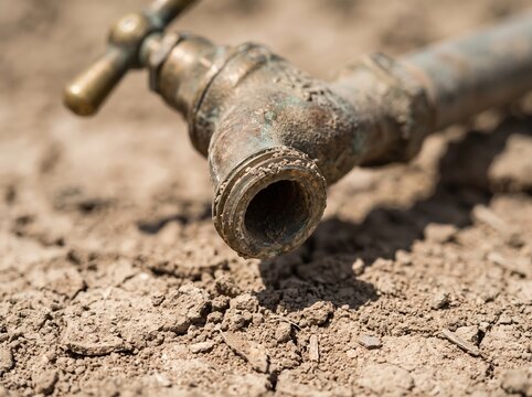 Old rusty faucet on dry cracked ground representing water scarcity crisis