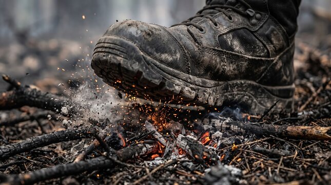 Firefighter boot stepping on smoldering embers and hot ash in burnt forest