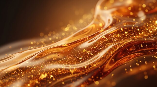 Dynamic Golden Liquid Flow with Shimmering Particles and Abstract Luxurious Background