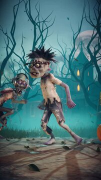 Halloween party. Funny zombies and skeletons dancing in a scary gothic graveyard. 3D animation.