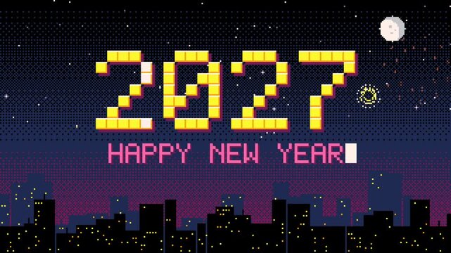 8-bit pixel art Happy New Year 2027 with retro fireworks over night city 4K