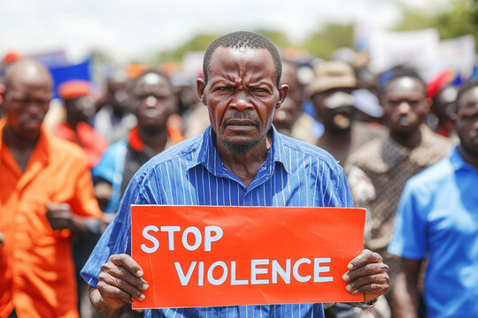 A man stands firm in a crowd, urging for an end to violence at a public protest.