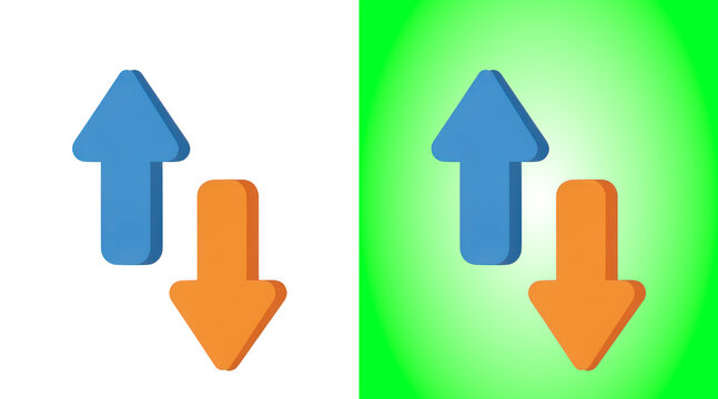 Three dimensional blue up arrow and orange down arrow icons on a white background isolated